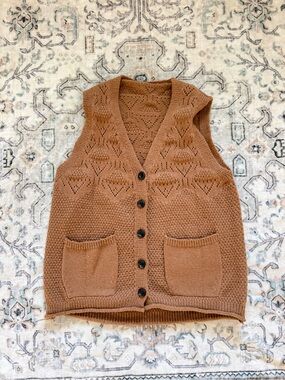 Chunky Vintage Knit Button-Up Vest in Warm Camel